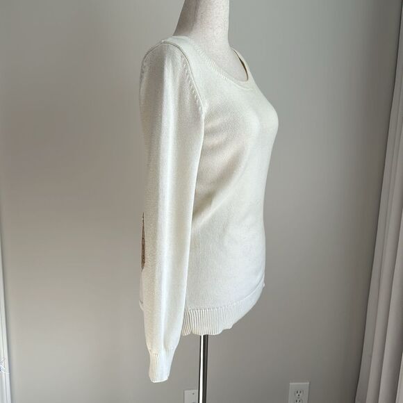 BANANA REPUBLIC Women’s Cream Sequined Elbow Patch Crewneck Sweater Size M - Picture 4 of 9